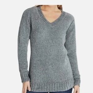 ORVIS V Neck Chenille Sweater Women M Gray Soft Cozy Split Hem Tunic Classic